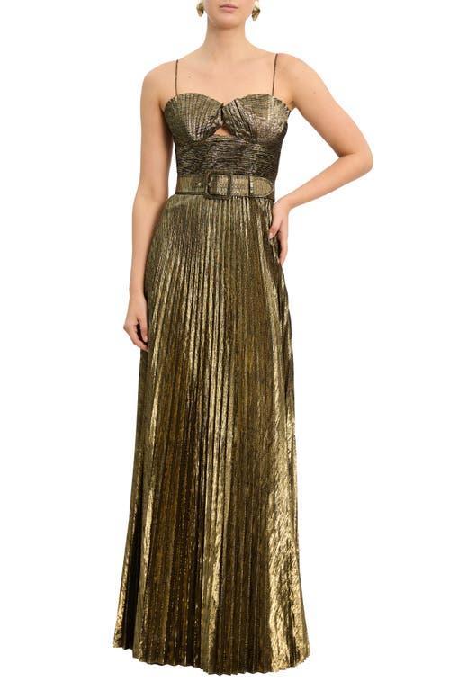 Rebecca Vallance Josie Belted Metallic Pliss Gown Product Image