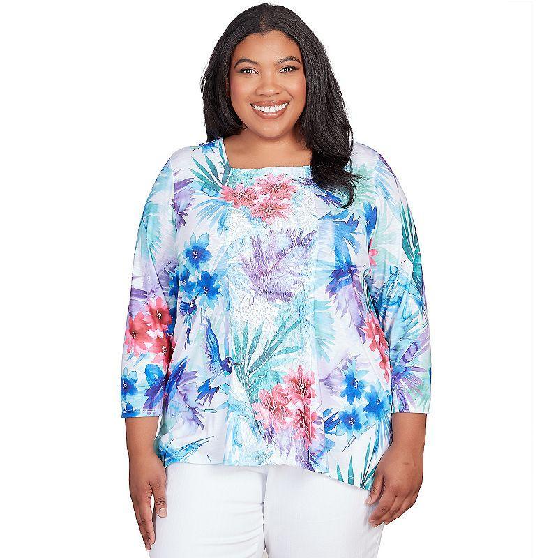 Plus Size Alfred Dunner Tropical Birds Lace Paneled Top, Womens Product Image