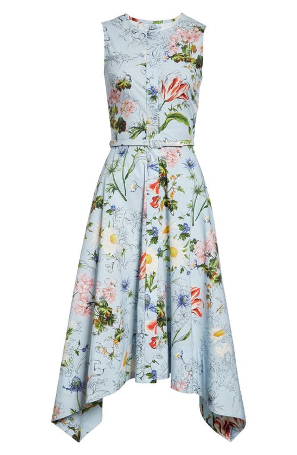 OSCAR DE LA RENTA Asymmetrical Unfinished Floral Cotton Poplin Dress In Light Blue Mult Product Image