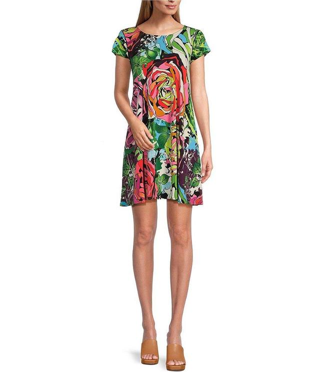 Eva Varro Floral Print Knit Jersey Crew Neck Short Sleeve Pocketed A-Line Dress Product Image