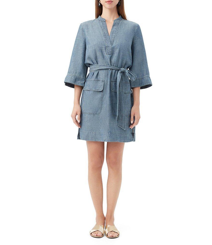 Trina Turk Kahiki Chambray Split V-Neck 3/4 Wide Sleeve Belted Shirt Dress Product Image