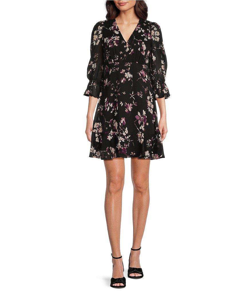 DKNY Petite Size 3/4 Ruffle Sleeve V-Neck Ruffle Hem Floral Dress Product Image