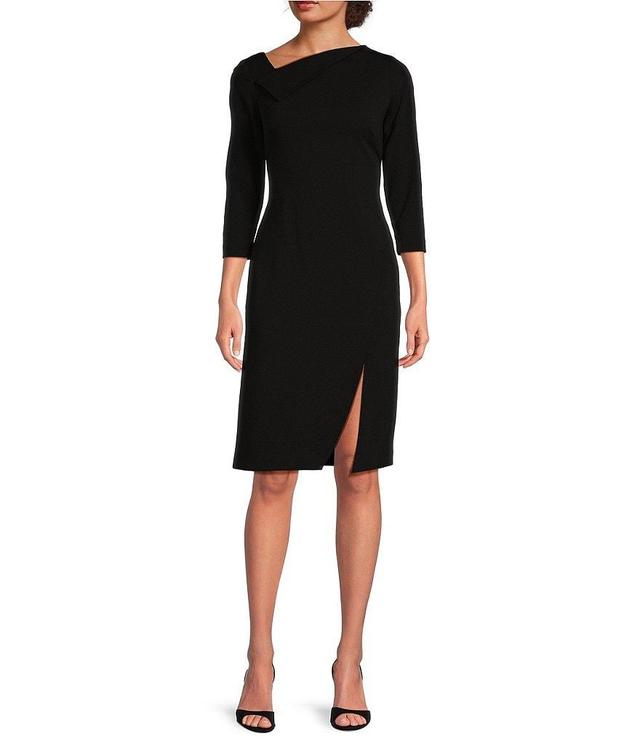 Calvin Klein Asymmetric Fold Over Neck Front Slit 3/4 Sleeve Sheath Dress Product Image