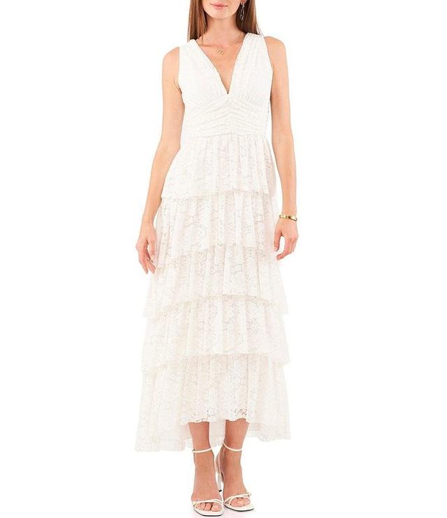 1. STATE Sleeveless V-Neck Empire Waist Ruffle Tiered Lace Midi Dress Product Image