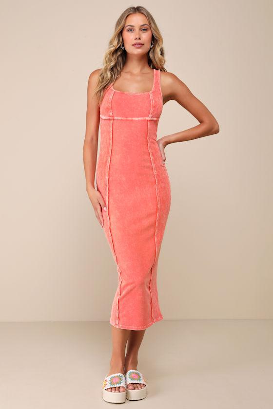 Memorable Instinct Coral Pink Washed Ribbed Paneled Midi Dress Product Image