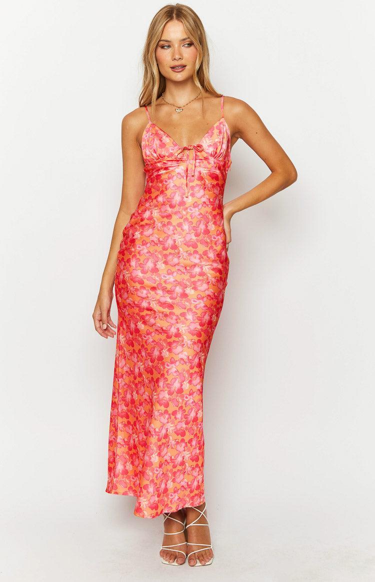 Jude Orange Floral Print Maxi Formal Dress Product Image