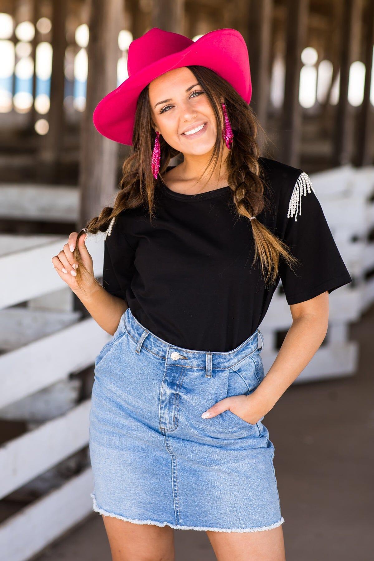 Black Short Sleeve Top With Beaded Fringe Product Image