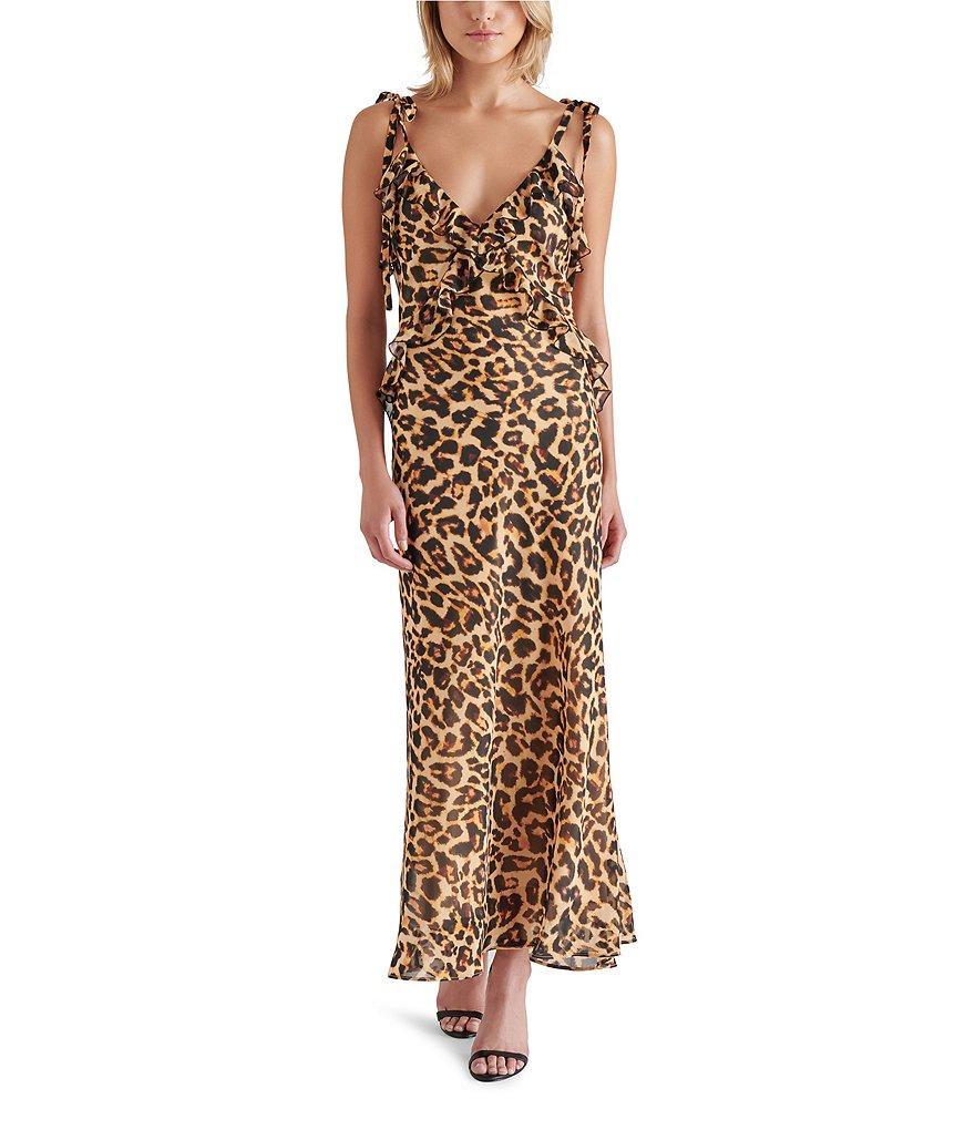 Steve Madden Adalina Leopard V Neck Sleeveless Tie Strap Ruffle Maxi Dress Product Image