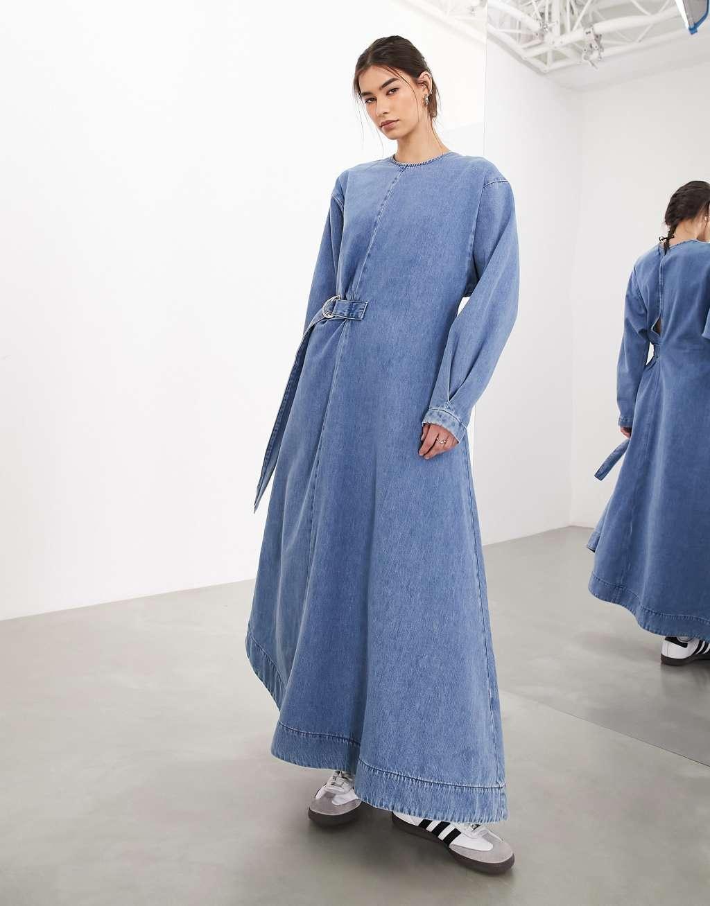 ASOS EDITION denim long sleeve maxi dress with d ring in mid wash blue Product Image