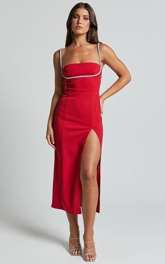 Sharley Midi Dress - Diamante Detail Pencil Dress in Red Product Image