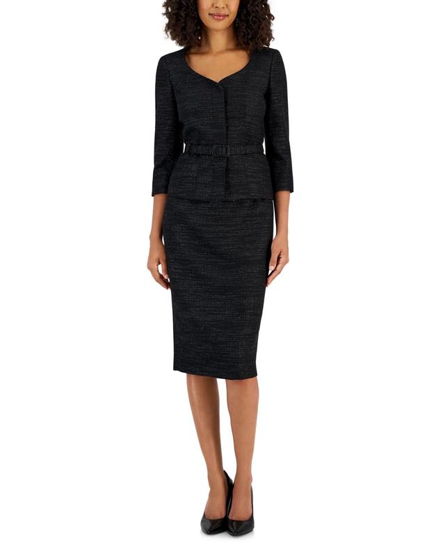 Women's Metallic Tweed Belted Jacket & Pencil Skirt Suit Product Image