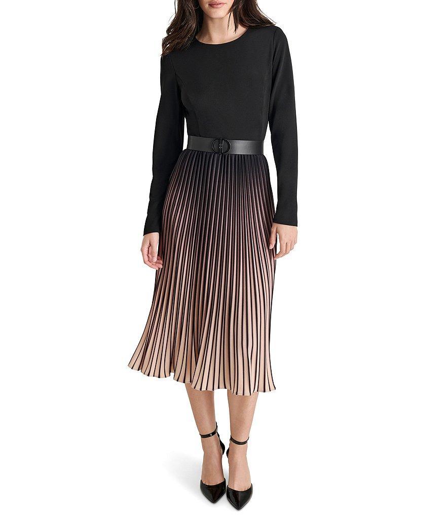 DKNY Knit Fit and Flare Ombre Print Crew Neck Long Sleeve Pleated Skirt Removable Leather Belt With Buckle Midi Dress product image