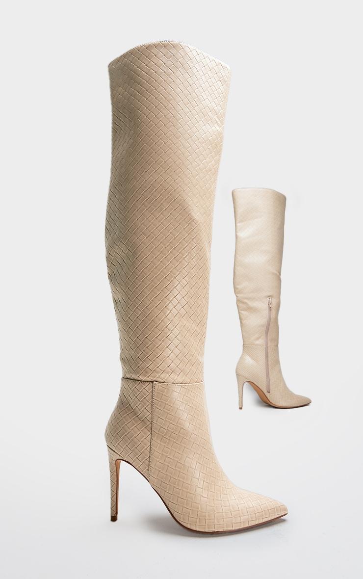 Cream Wide Fit Weave Pu Point Toe Over The Knee Heeled Boots Product Image