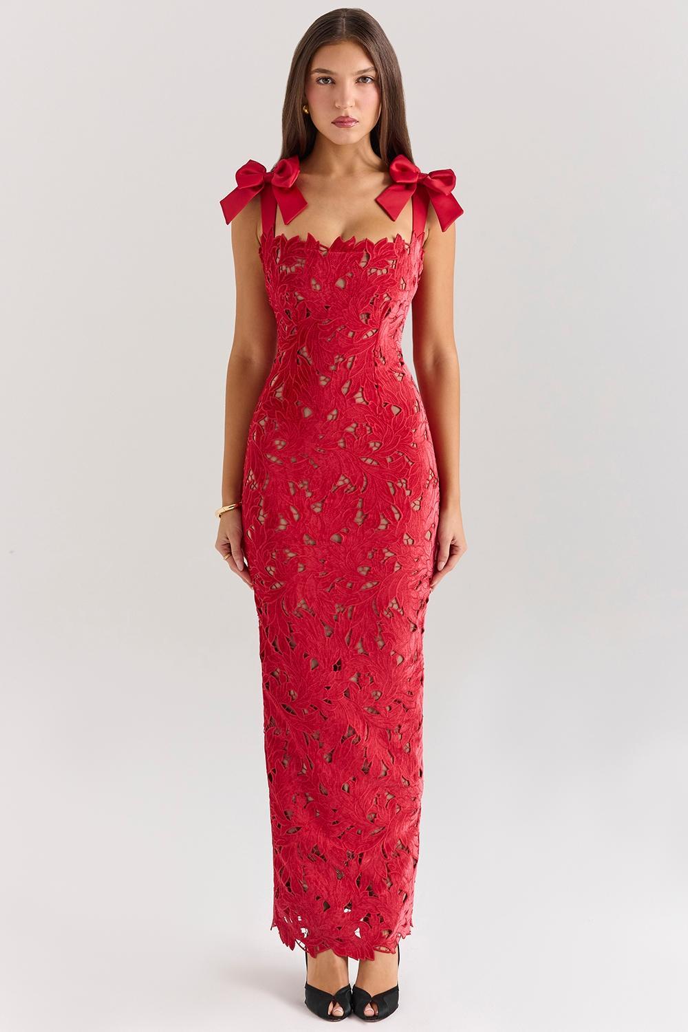 Tiff Holly Red Velvet Lace Maxi Dress Product Image