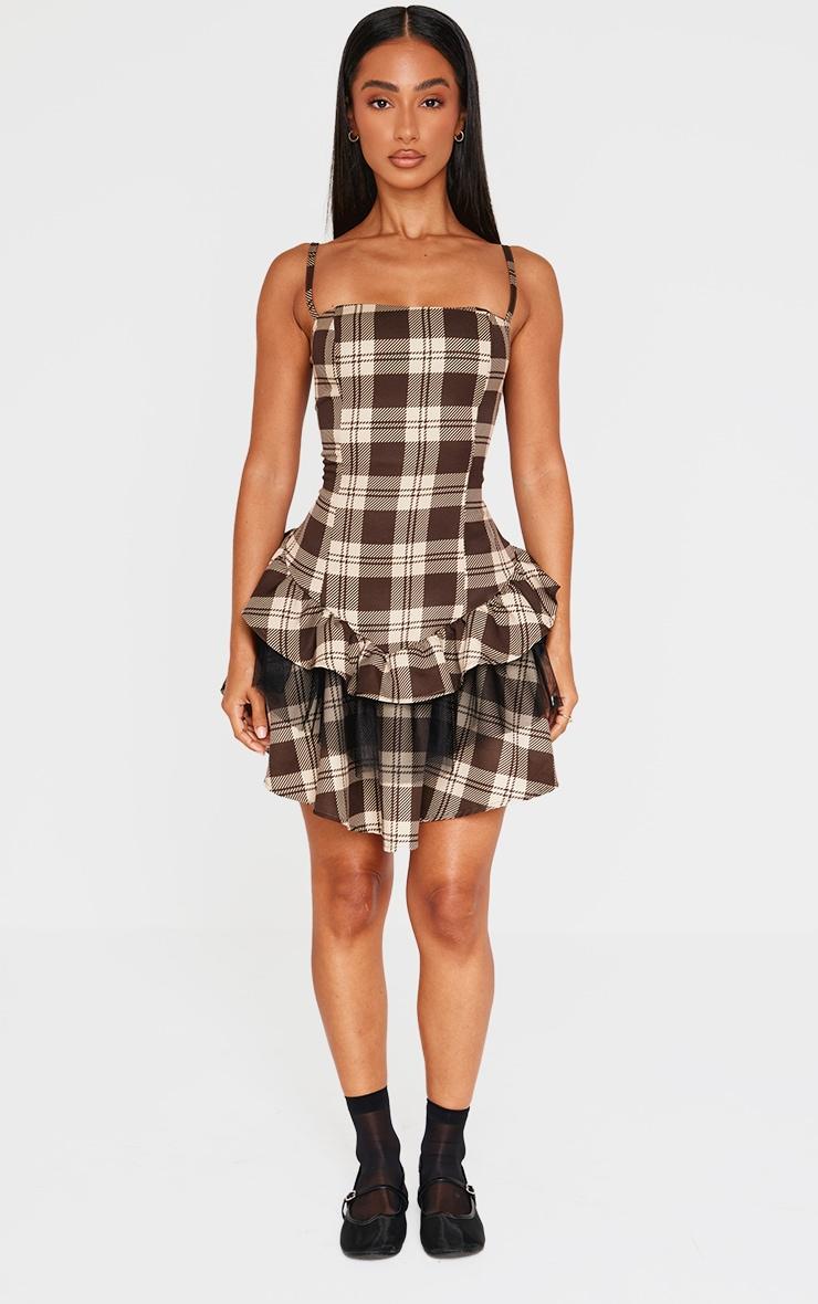 Petite Brown Check Strappy Rara Mini Dress Product Image