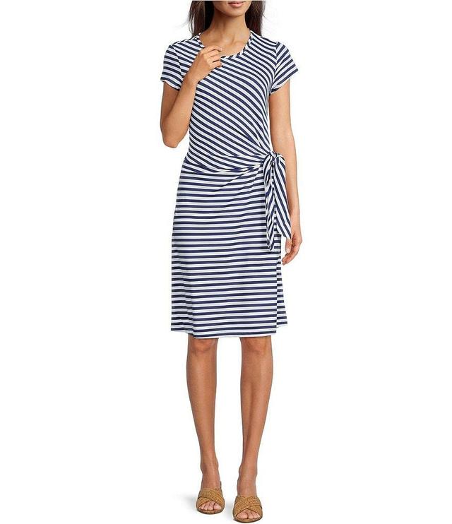 J.McLaughlin Elora Bangle Stripe Print Side Tie Short Sleeve Sheath Dress Product Image