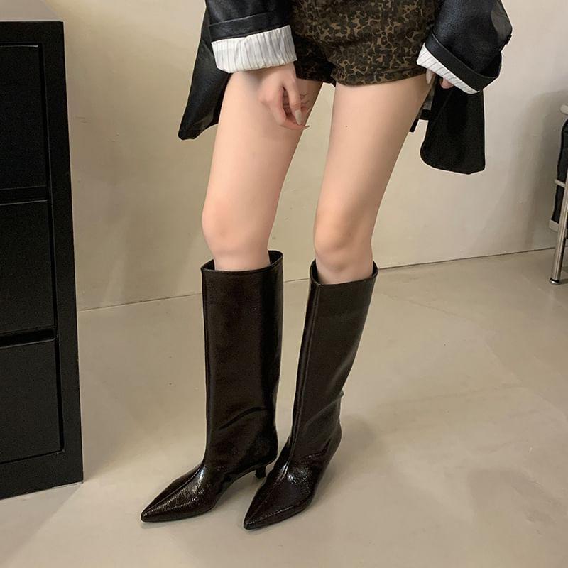 Kitten Heel Pointed Toe Plain Faux Leather Tall Boots Product Image