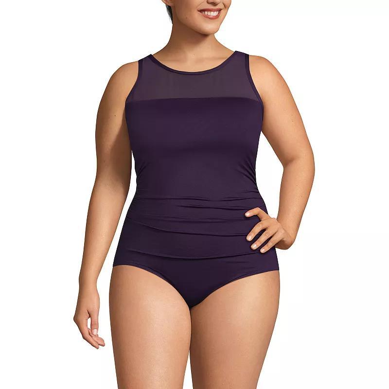 Plus Size Lands End Chlorine Resistant Smoothing Control Mesh High Neck One-Piece Swimsuit, Womens Product Image