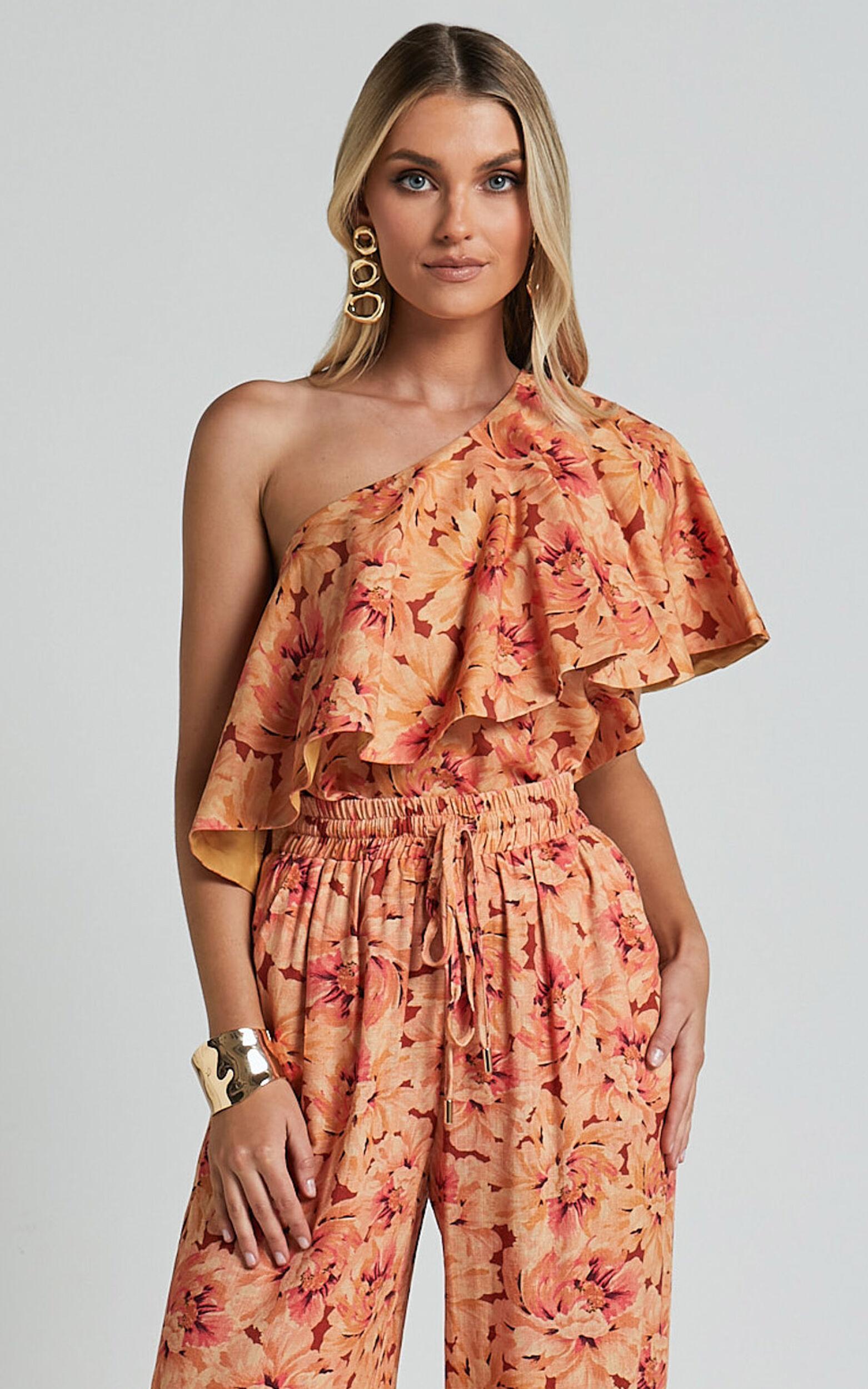 Amalie The Label - Aiko Linen Blend One Shoulder Frill Top in Valencia Print Product Image