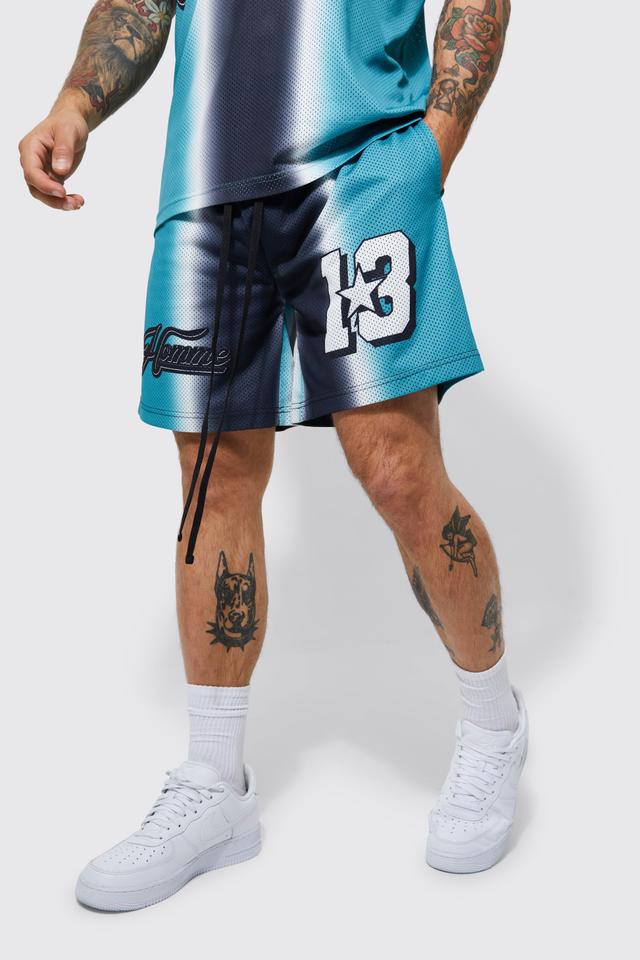 Loose Fit Homme Ombre Print Mesh Basketball Short | boohooMAN USA Product Image