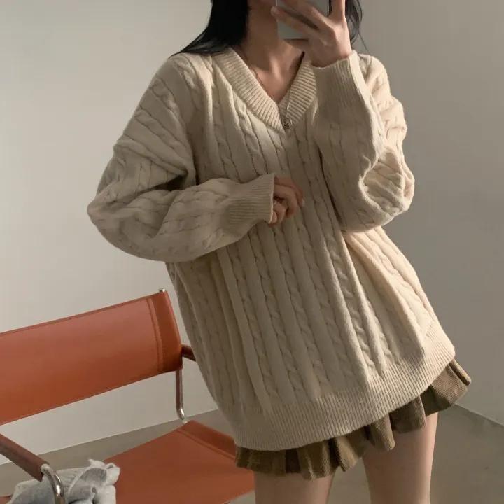 V-Neck Plain Cable-Knit Oversized Sweater Product Image