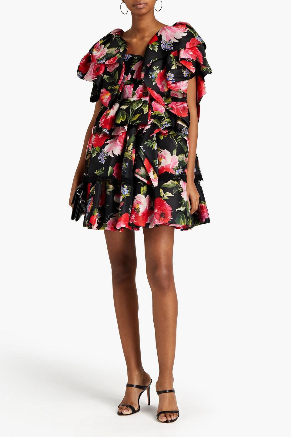 Tiered Ruffled Floral-print Silk-blend Satin Mini Dress In Black Product Image