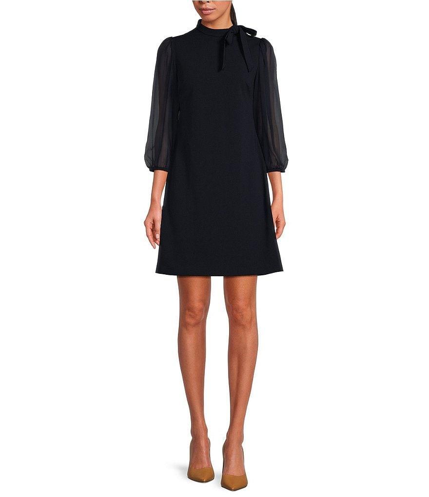 Calvin Klein Chiffon Balloon 3/4 Sheer Sleeve Tie Mock Neck Scuba Crepe Sheath Dress Product Image