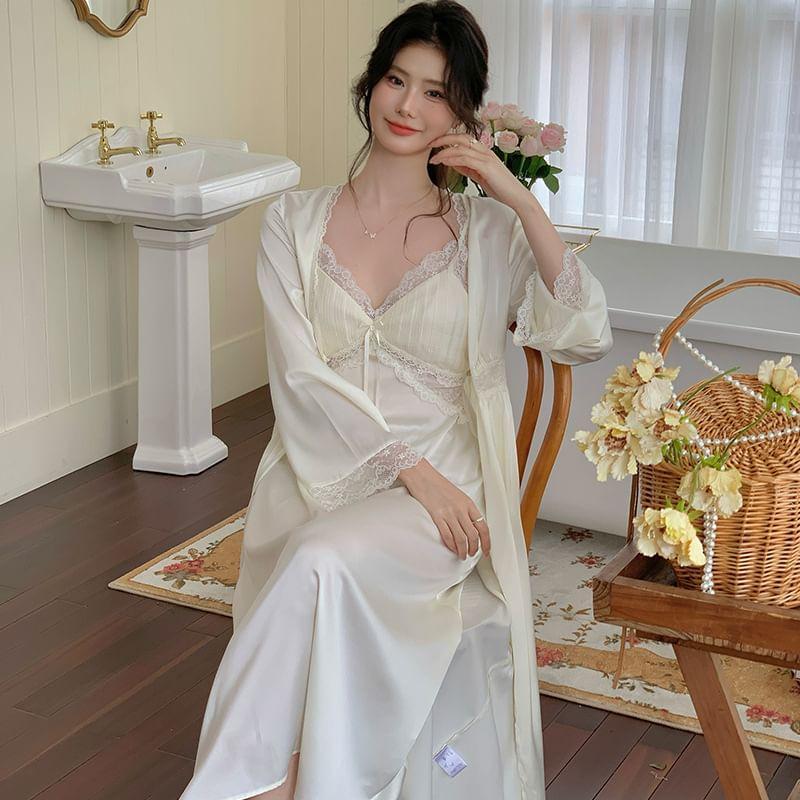 Pajama Set: Plain Lace Trim Robe + Spaghetti Strap Night Dress Product Image