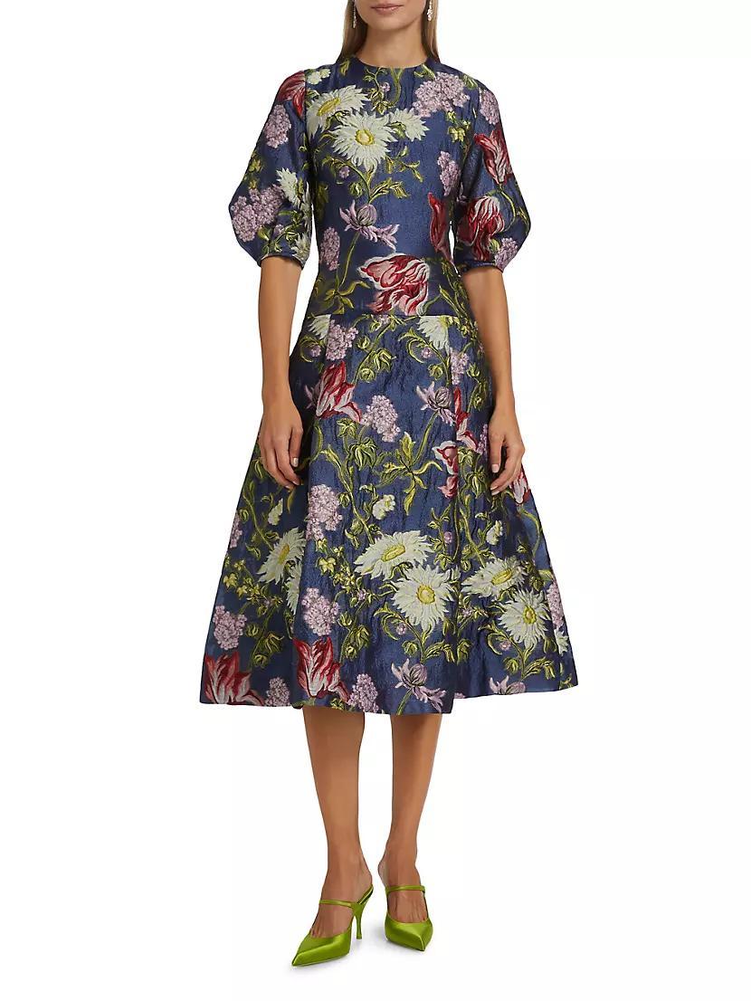 Floral Jacquard Puff-Sleeve Cocktail Dress Product Image