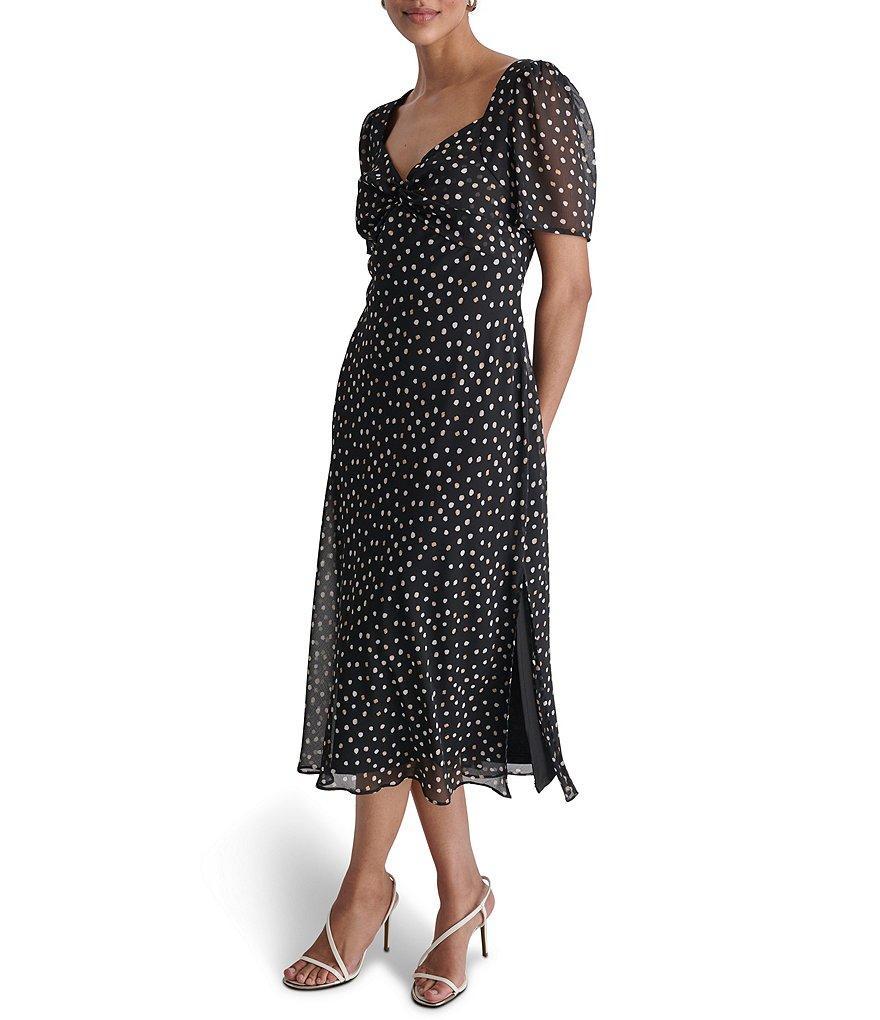 DKNY Dotted V-Neck Short Sleeve Midi Dress Product Image