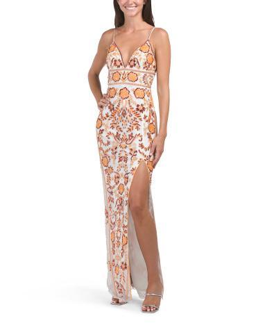 Sleeveless Beaded Gown With Front Slit for Women Product Image