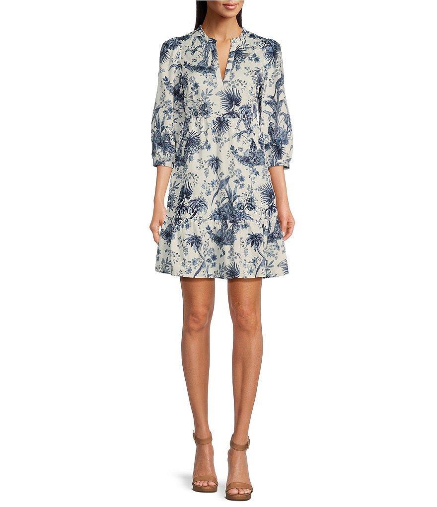 tyler boe Karlie Toile Print Ruffle Collar V-Neck 3/4 Ruched Sleeve A-Line Dress Product Image