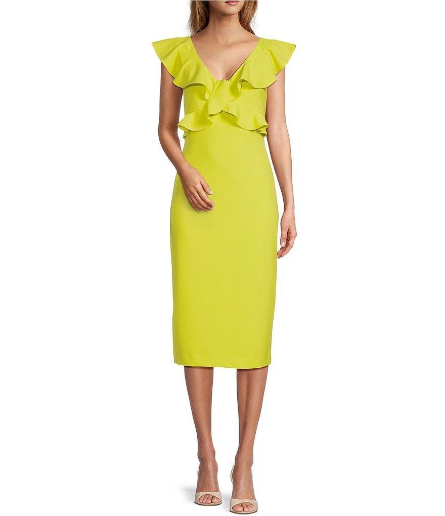 Antonio Melani Ainsley Scuba Crepe Ruffle Bodice V-Neck Cap Sleeve Midi Dress Product Image