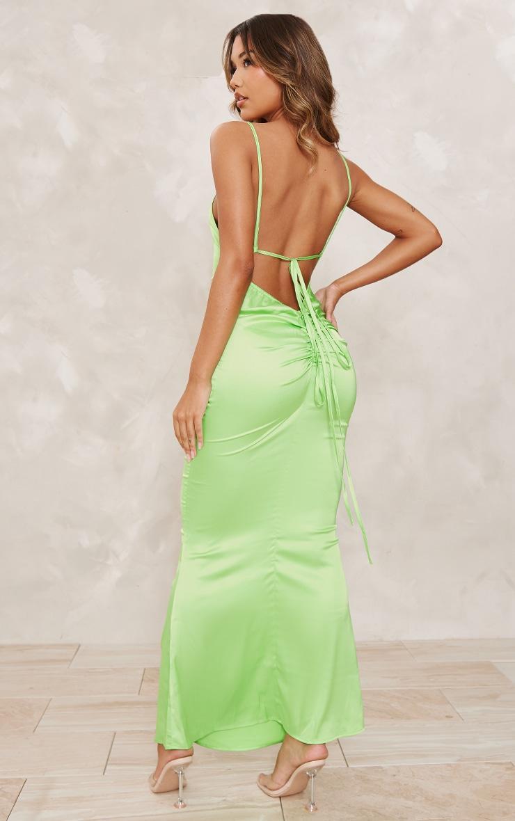 Bright Green Satin Backless Ruched Maxi Dress Product Image