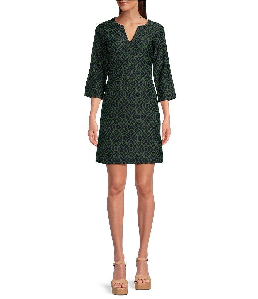 Jude Connally Megan Garden Lattice Navy Loden Jude Cloth Stretch Knit 3/4 Sleeve Shift Dress Product Image