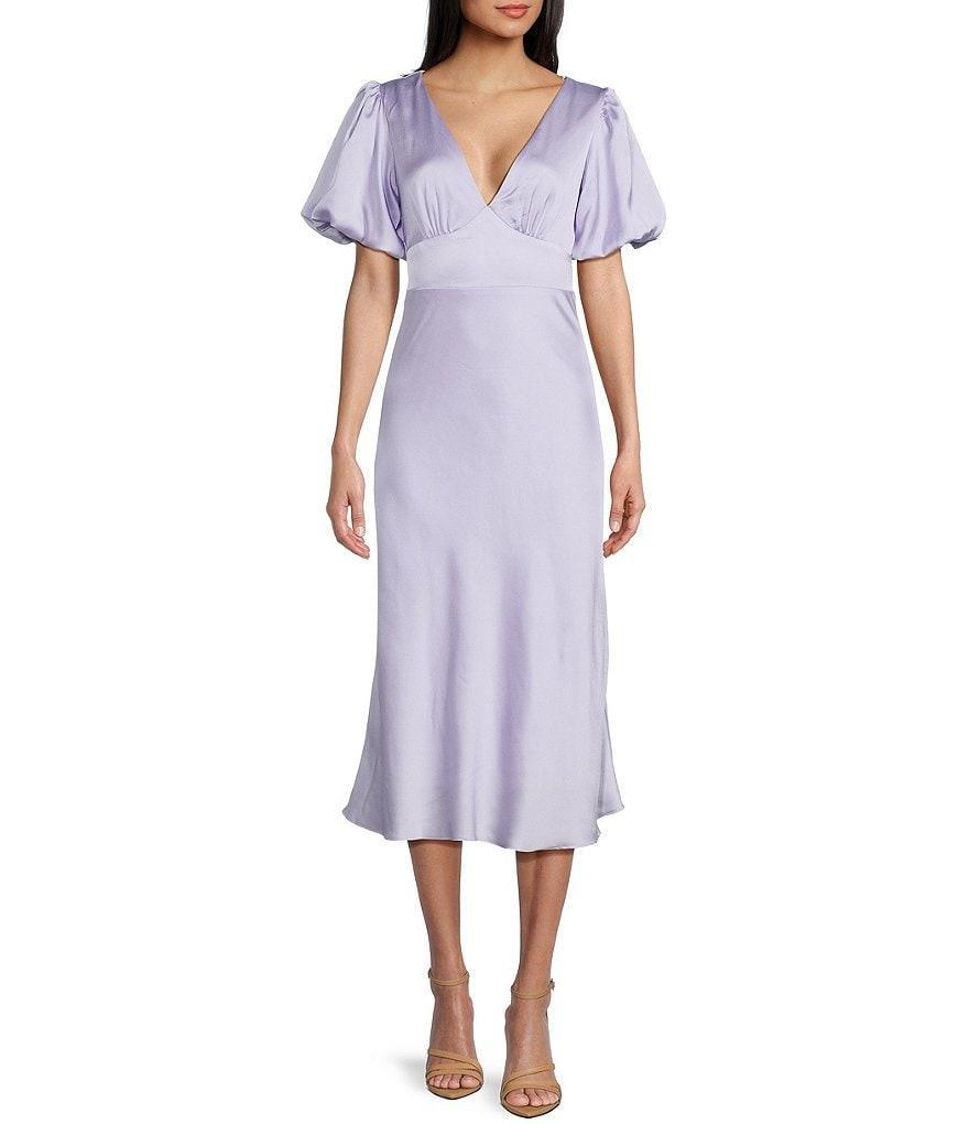 B. Darlin Satin Short Puff Sleeve V-Neck Midi Dress Product Image