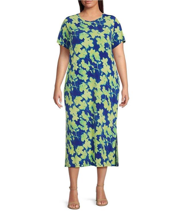 Calvin Klein Plus Size Allover Floral Print Crew Neck Short Sleeve Sheath Dress Product Image