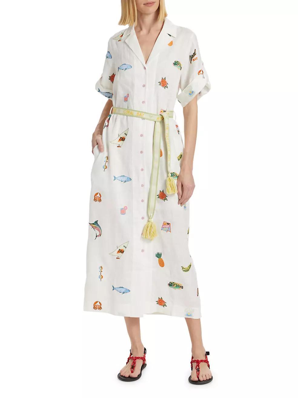 Blue Marlin Linen Embroidered Midi- Dress Product Image