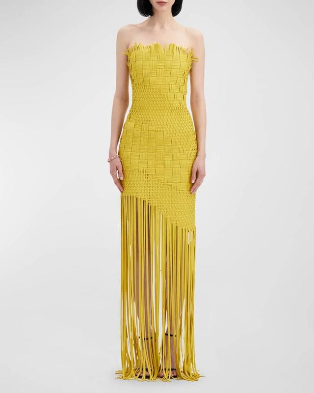 Strapless Woven Crepe Gown With Fringe Hem Product Image