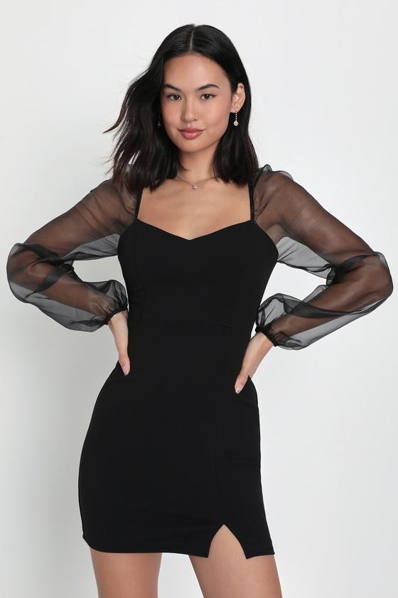 Sophisticated Aura Black Long Sleeve Bodycon Mini Dress Product Image