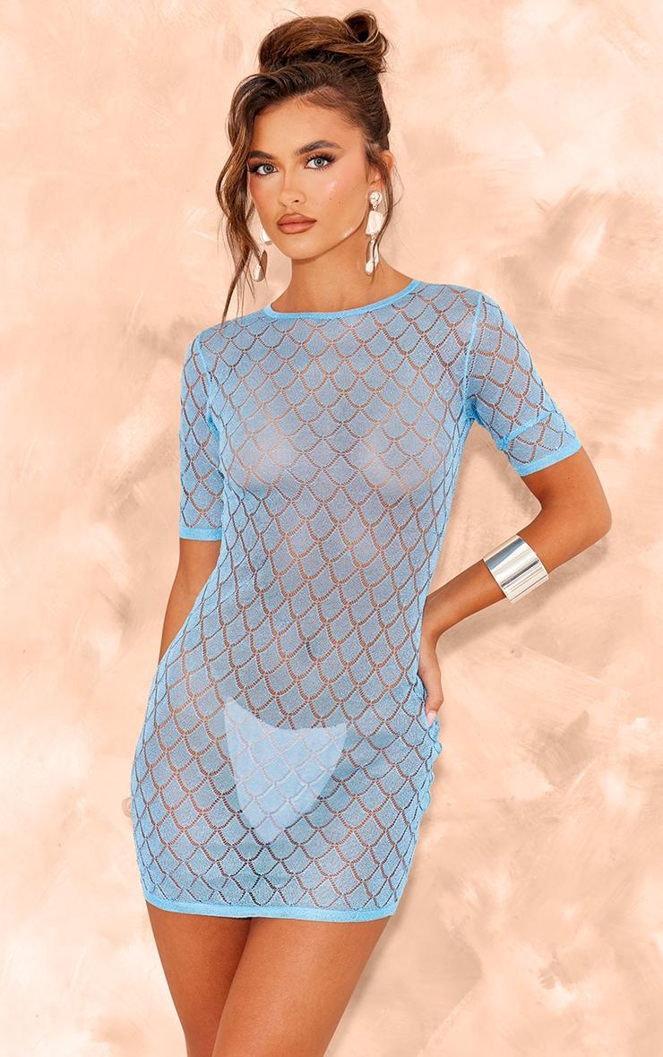 Blue Sheer Glitter Knit Mini Dress Product Image