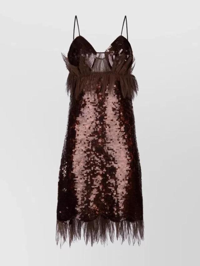 Feathered Sequin V-neck Spaghetti Strap Dress In Brown Product Image