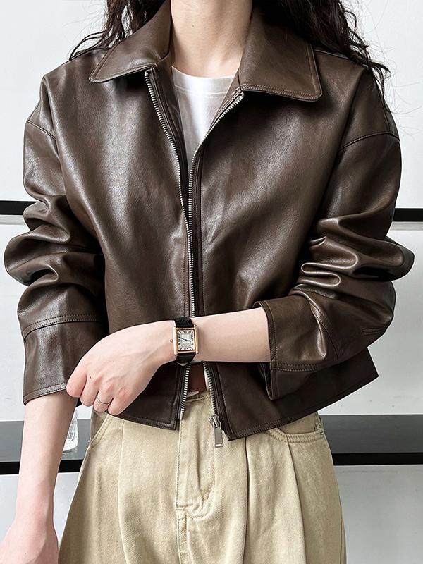 Long Sleeves Loose Solid Color Zipper Lapel Collar Jackets&Coats Outerwear Product Image