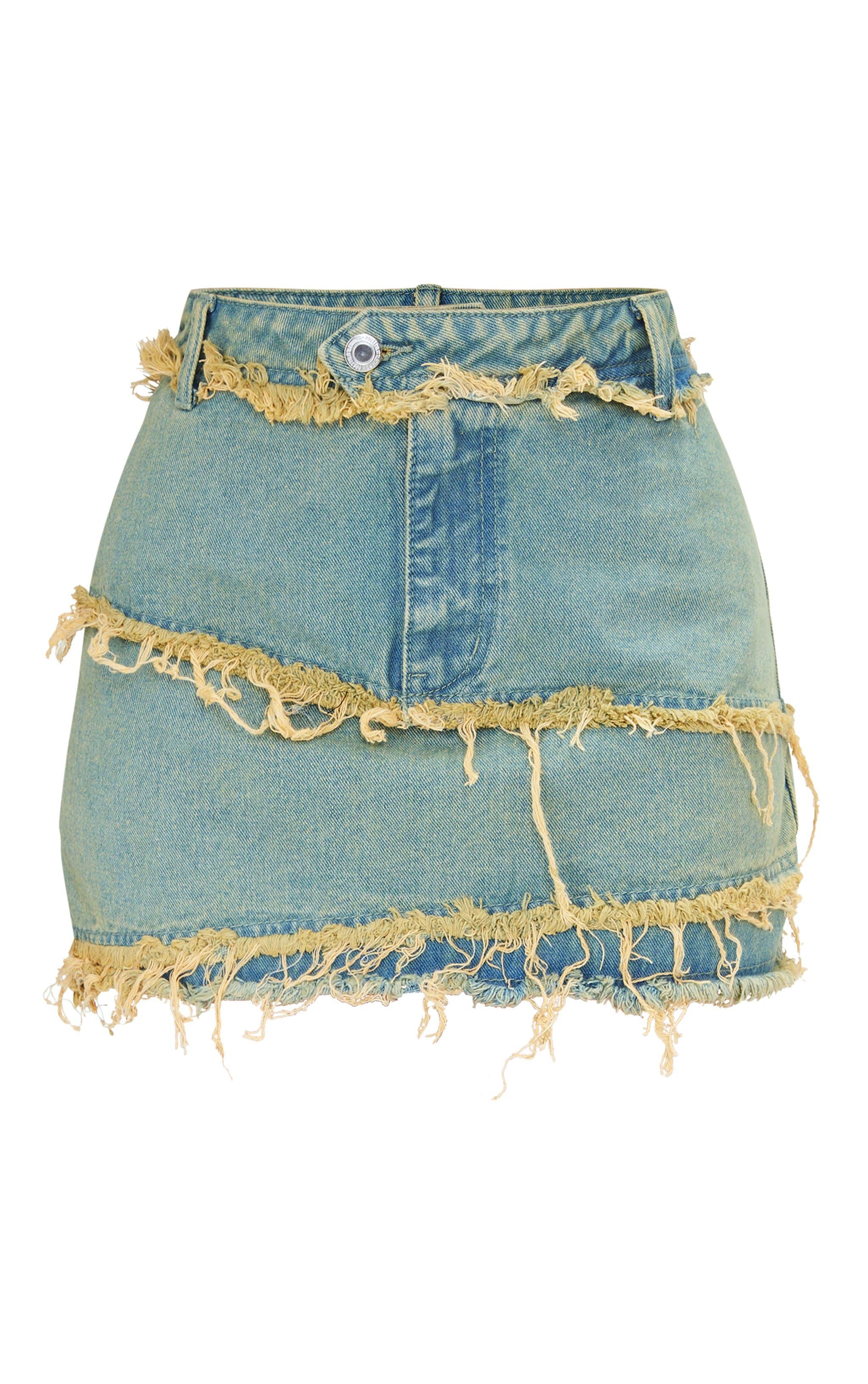 Petite Vintage Bleach Wash Denim Frayed Mini Skirt Product Image