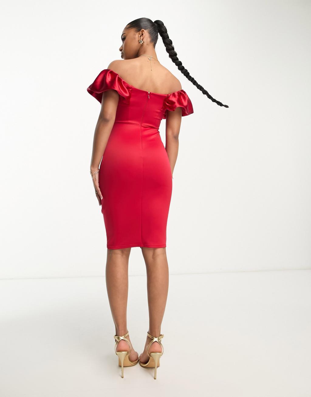 Lipsy bandeau satin ruched bodycon midi dress in red Product Image