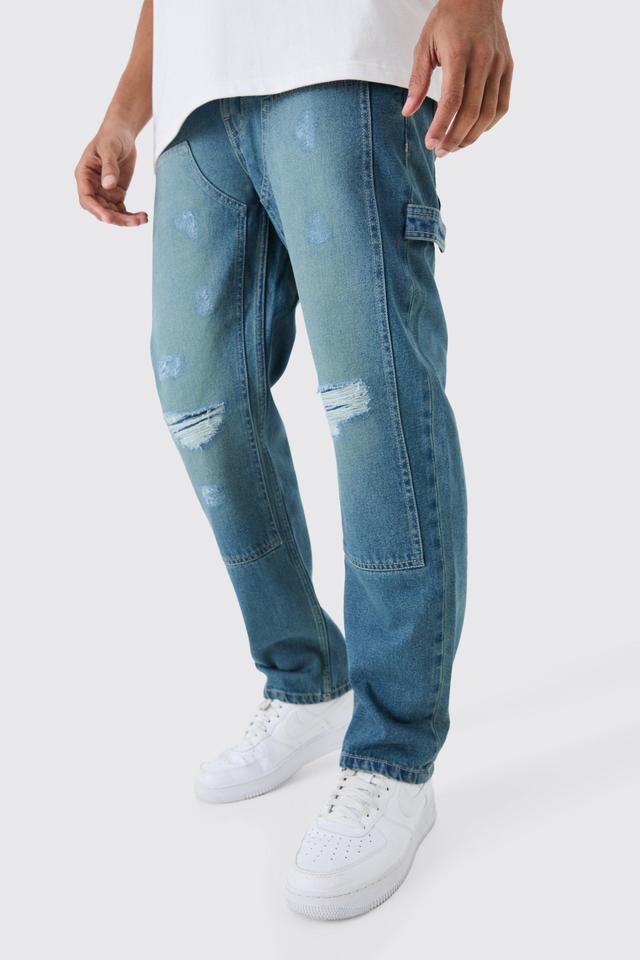 Mens Relaxed Rigid Ripped Knee Carpenter Jeans In Light Blue, Blue Product Image