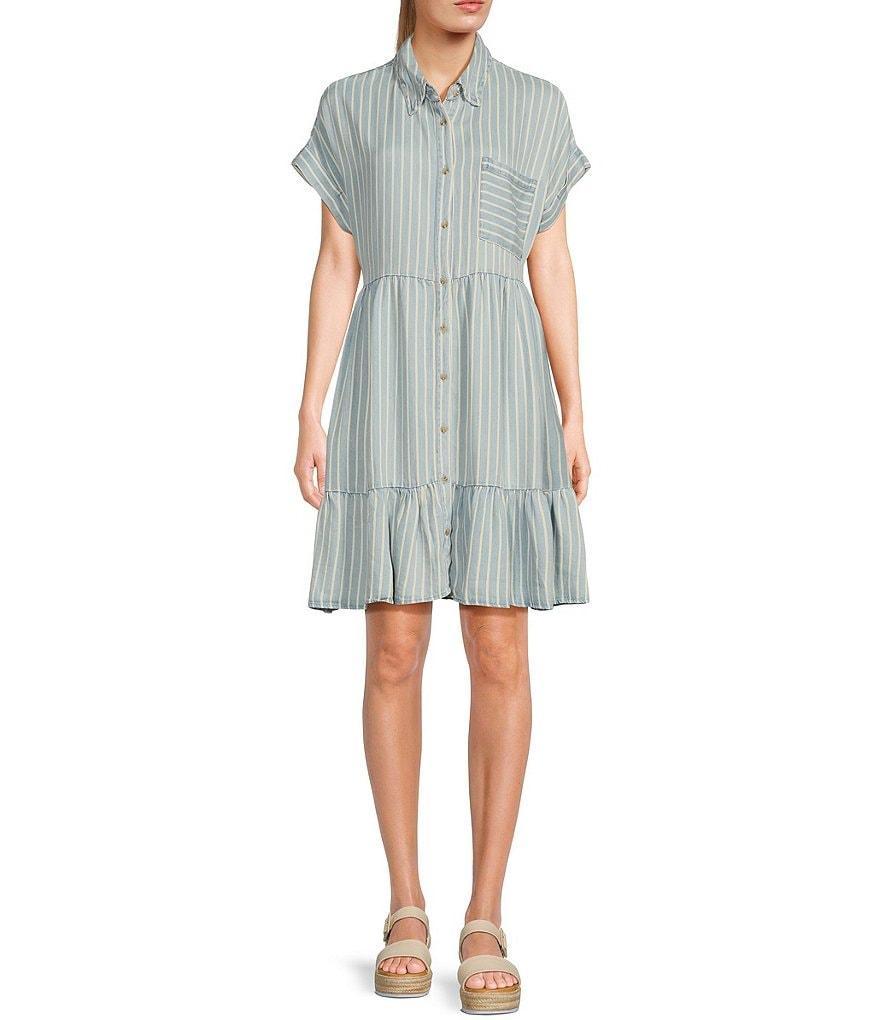 Blu Pepper Short Sleeve Stripe Chambray Ruffle Dress Product Image