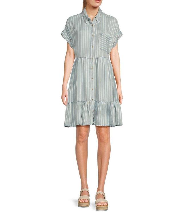 Blu Pepper Short Sleeve Stripe Chambray Ruffle Dress Product Image