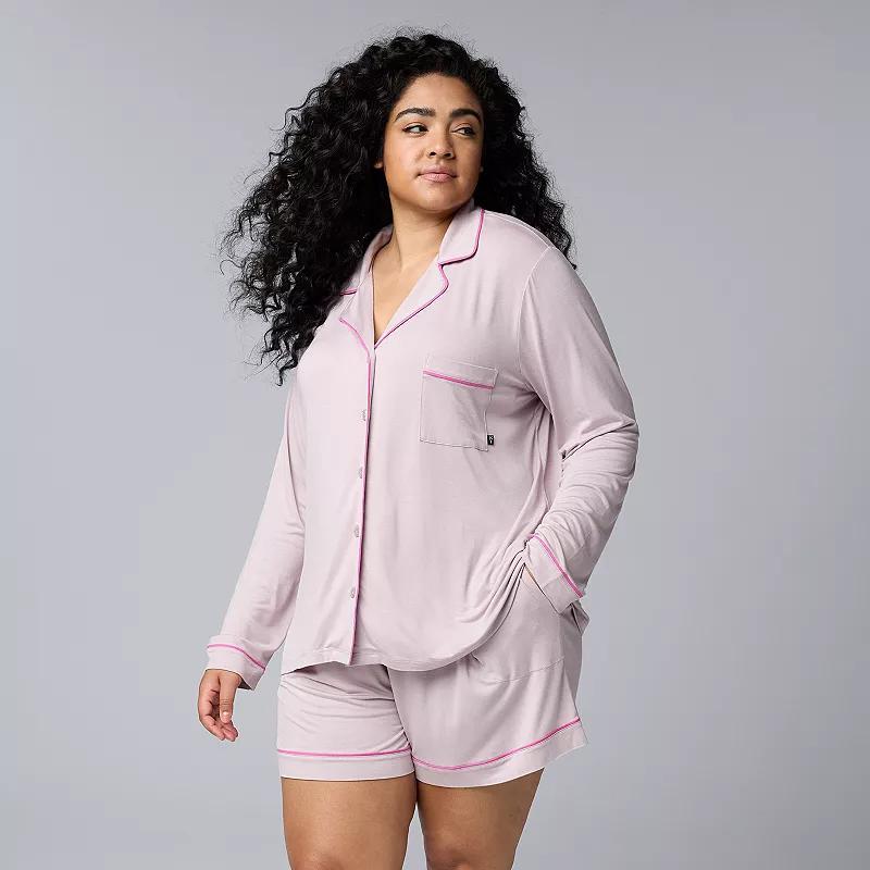 Plus Size Simply Vera Vera Wang 2-Piece Basic Luxury Long Sleeve Notch Pajama Top & Pajama Boxer Shorts Set, Womens Pink Product Image