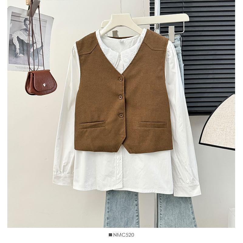 Button-Up V-Neck Vest Jacket Product Image